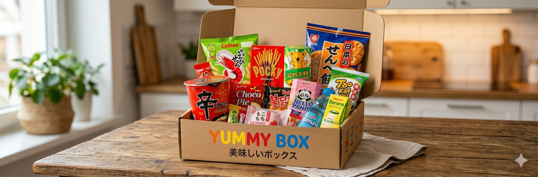 Yummy Box mit asiatischen Lebensmitteln, darunter Instantnudeln, eine Sojasauce-Flasche und Reissnacks, minimalistisch auf einem Holztisch arrangiert.