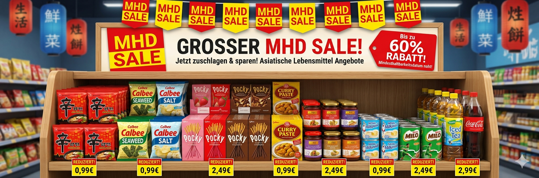 MHD Sale mit asiatischen Lebensmitteln wie Instantnudeln, Saucen und Snacks, dekorativ mit Sale-Tags auf einem Holztisch arrangiert.