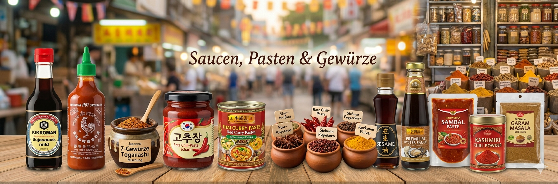 Auswahl an asiatischen Saucen, Pasten und Gewürzen, darunter Sojasauce, Currypaste, Chiliflocken und Sternanis, dekorativ auf einem Bambusuntergrund arrangiert.