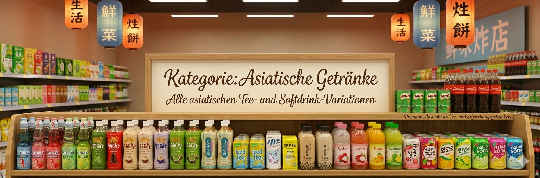 Auswahl an asiatischen Getränken, darunter grüner Tee, Litschisaft und Sojamilch, dekorativ präsentiert auf einer Bambusmatte mit frischen Früchten.