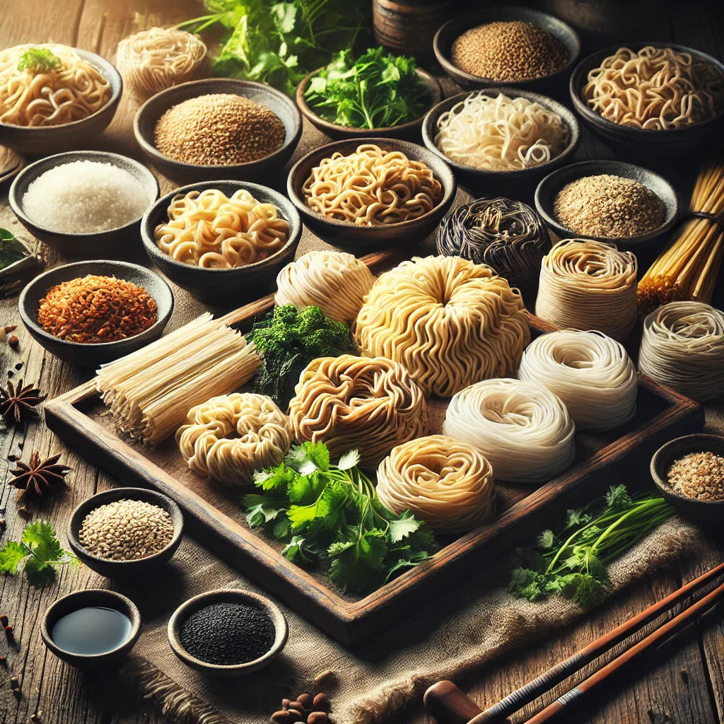 Auswahl an asiatischen Nudeln, darunter Instantnudeln, Reisnudeln, Ramen und Glasnudeln, dekorativ auf einer Bambusmatte arrangiert.