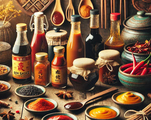 Auswahl an asiatischen Saucen, Pasten und Gewürzen, darunter Sojasauce, Currypaste, Chiliflocken und Sternanis, dekorativ auf einem Bambusuntergrund arrangiert.