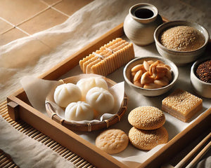 Auswahl an asiatischen Snacks und Desserts, darunter Mochi, Reiscracker, Sesamkekse und süße Gebäckstücke, dekorativ auf einem Bambusuntergrund präsentiert.