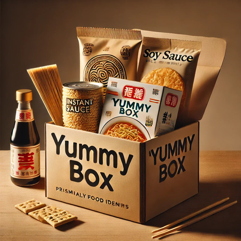 Yummy Box mit asiatischen Lebensmitteln, darunter Instantnudeln, eine Sojasauce-Flasche und Reissnacks, minimalistisch auf einem Holztisch arrangiert.