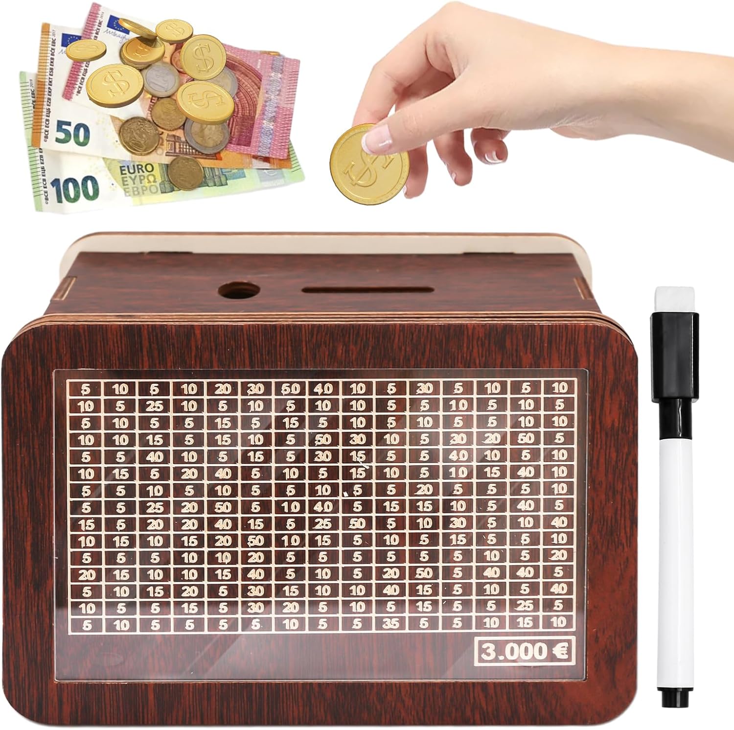 LÜNIC Sparbox aus Holz mit Zahlen zum Ankreuzen mit Sparziel 1000€, 2000 € und 3000 €
