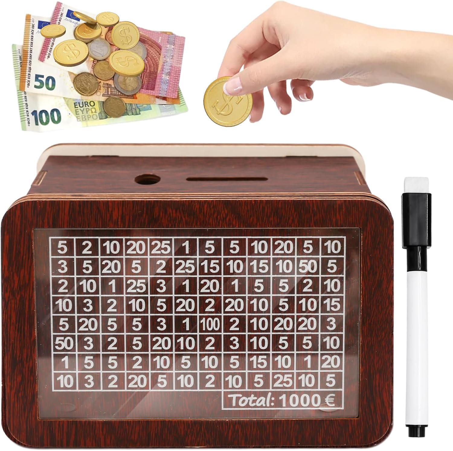 LÜNIC Sparbox aus Holz mit Zahlen zum Ankreuzen mit Sparziel 1000€, 2000 € und 3000 €