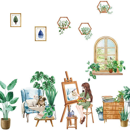 Wandtattoo Wandaufkleber Fensteraufkleber Pflanzen Fensterbrett mit Mädchen-Motiv