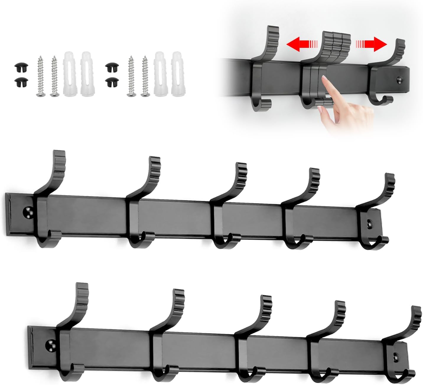 LÜNIC 2er Set Garderobenhaken Hakenleiste mit 5 Haken, verschiebbar schwarz