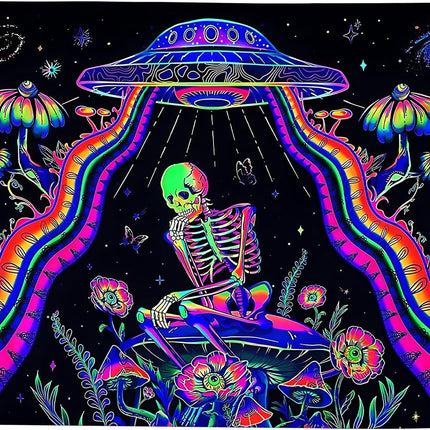 Wandteppich Skelett Raumschiff – UV Reaktive Wandtuch Schwarzlicht leuchtender Wanddekoration