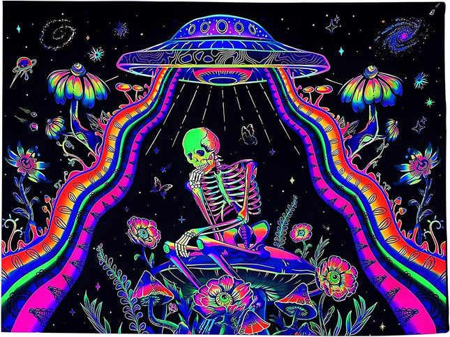 Wandteppich Skelett Raumschiff – UV Reaktive Wandtuch Schwarzlicht leuchtender Wanddekoration