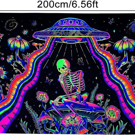 Wandteppich Skelett Raumschiff – UV Reaktive Wandtuch Schwarzlicht leuchtender Wanddekoration