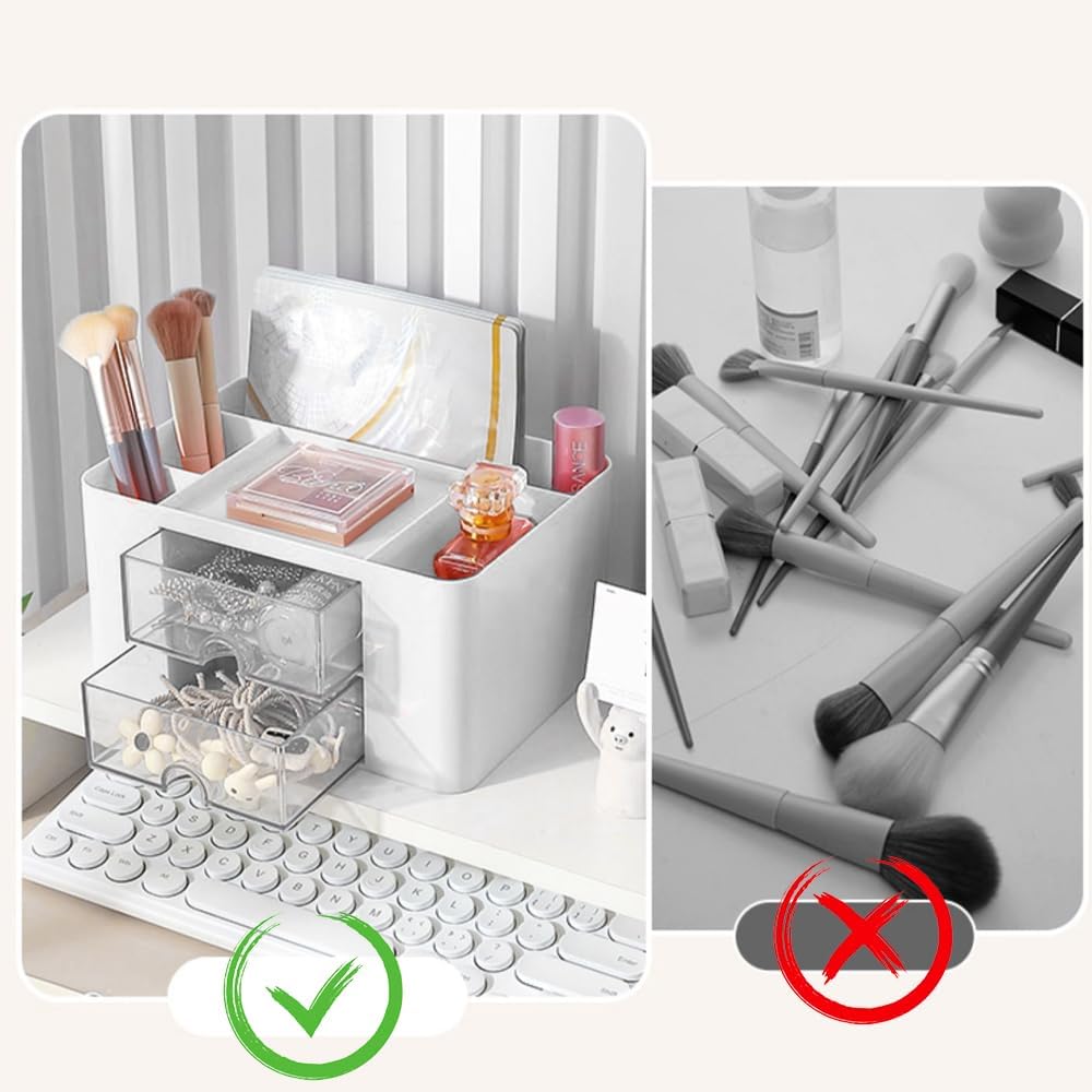 LÜNIC Organizer Schreibtisch Stifte Make Up mit 5 Fächer und 2 Schubladen weiß