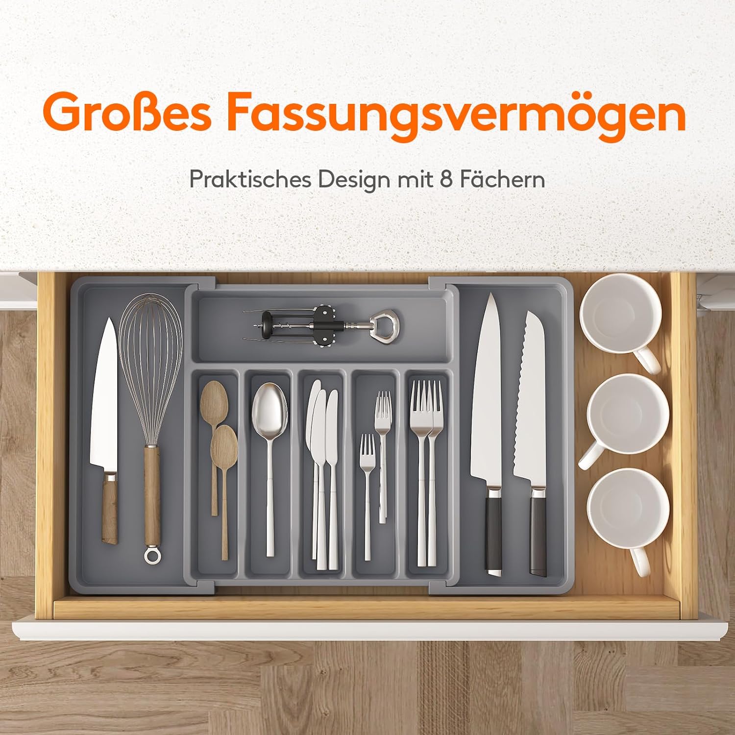 LÜNIC Besteckkasten Besteckeinsatz Schubladen aus Kunststoff, verstellbar, grau