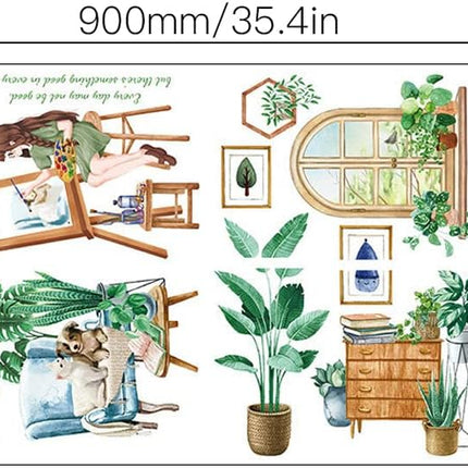 Wandtattoo Wandaufkleber Fensteraufkleber Pflanzen Fensterbrett mit Mädchen-Motiv