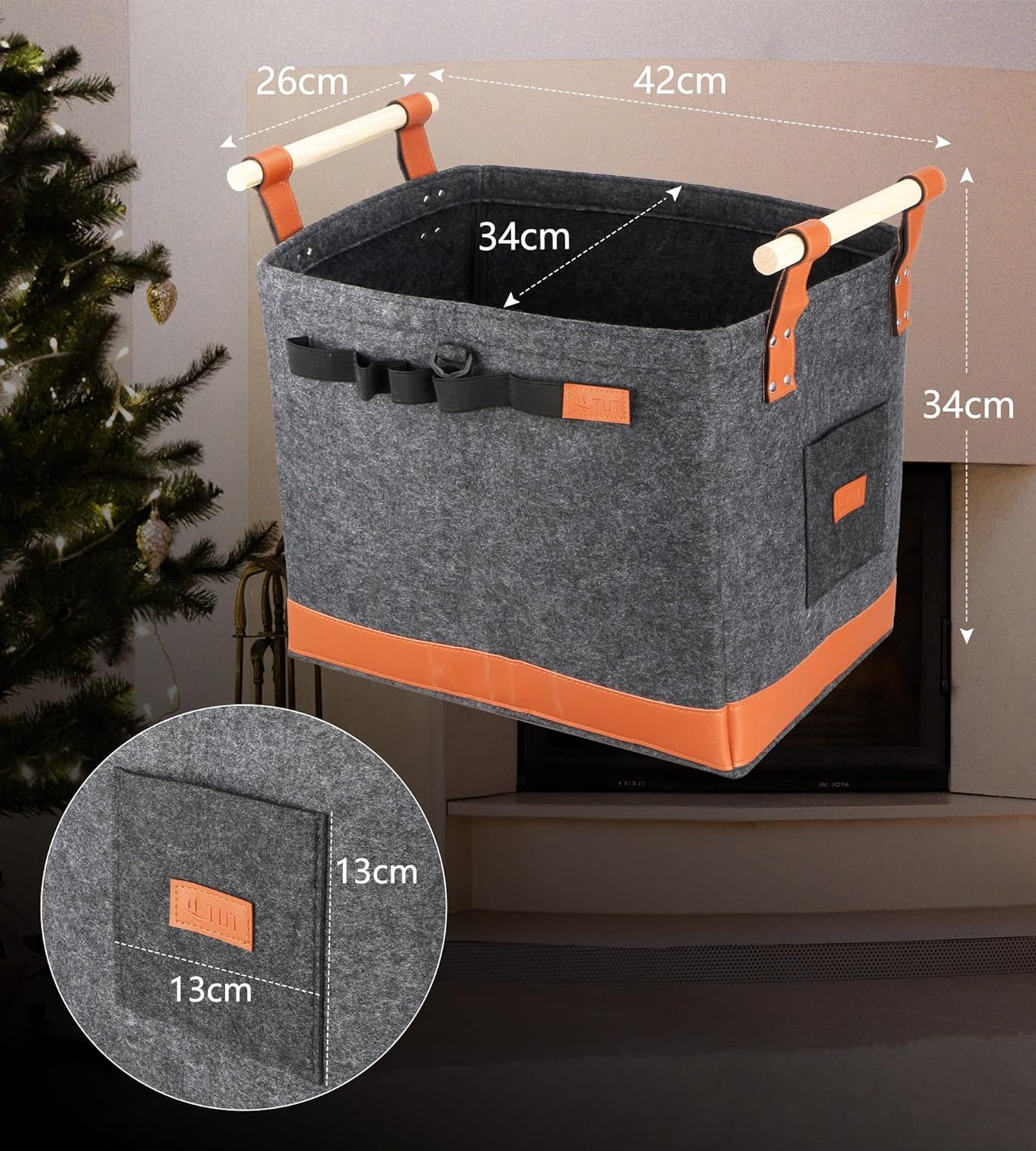 LÜNIC Holzkorb aus Filz für Kaminholz 50 L, Filztasche mit Extra Dicker Filz und Holzgriff
