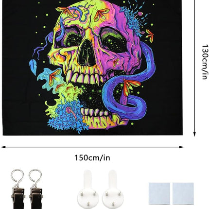 Wandteppich Schädel Totenkopf – UV Reaktive Wandtuch Schwarzlicht leuchtender Wanddekoration