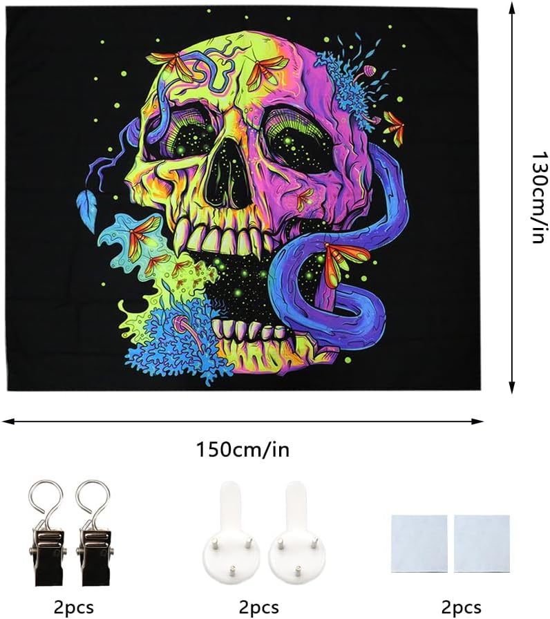 Wandteppich Schädel Totenkopf – UV Reaktive Wandtuch Schwarzlicht leuchtender Wanddekoration
