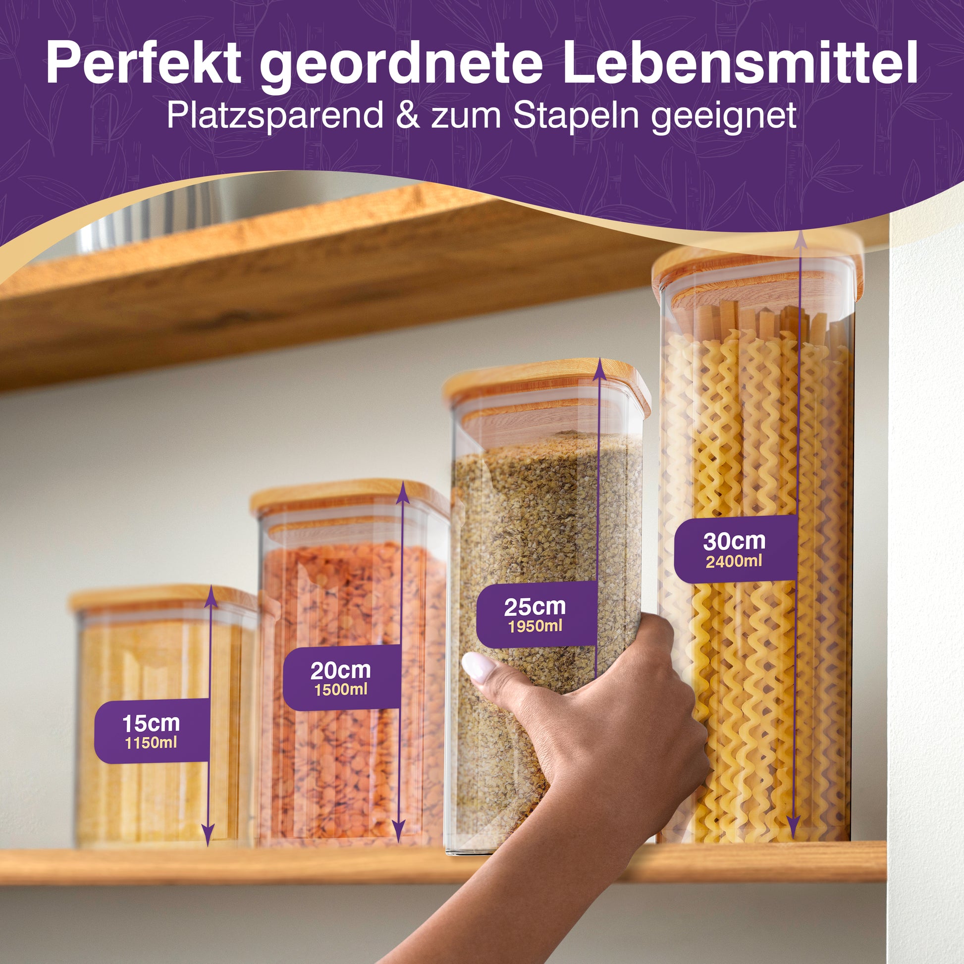 LÜNIC Vorratsgläser Vorratsdosen mit Bambusdeckel – eckig stapelbar