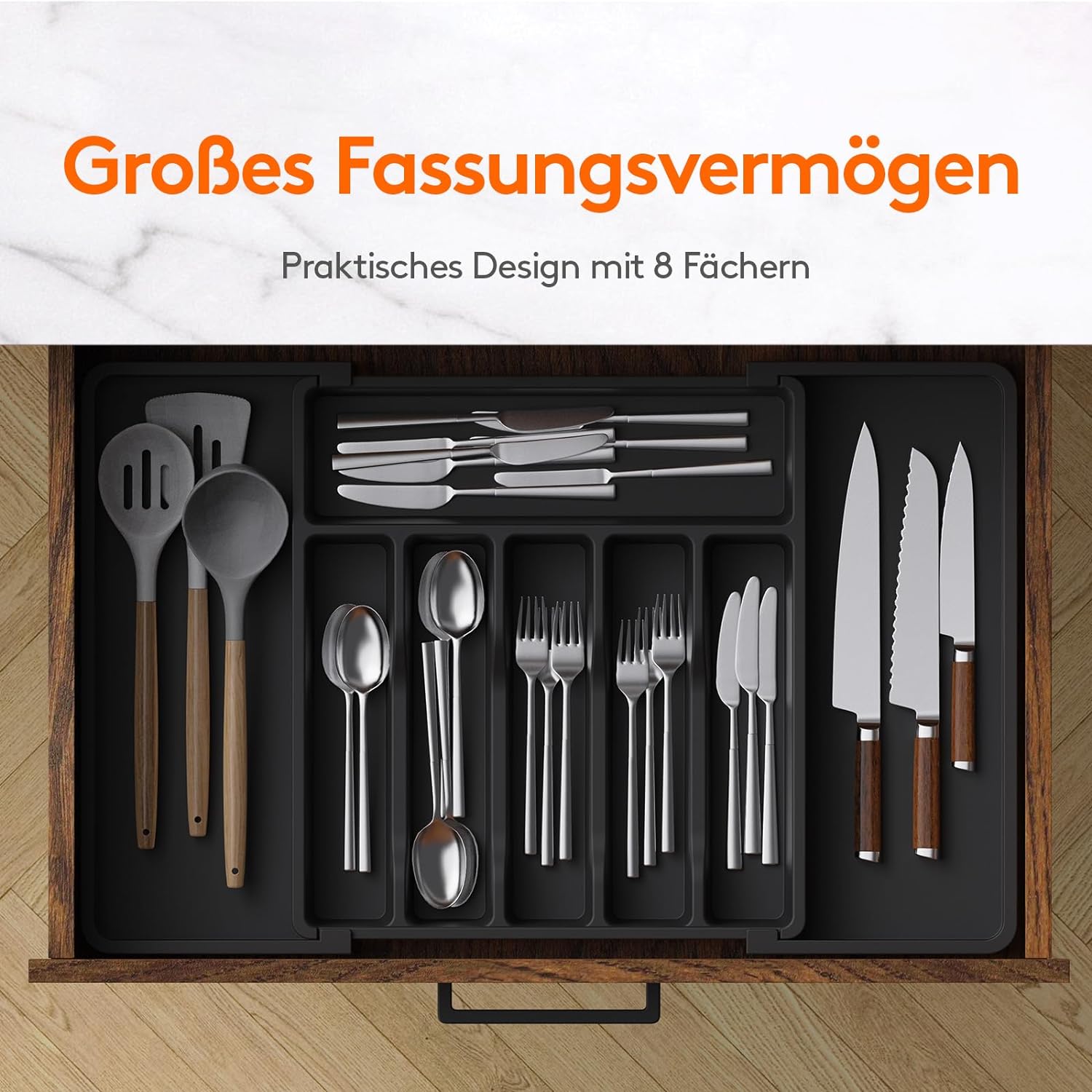 LÜNIC Besteckkasten Besteckeinsatz Schubladen aus Kunststoff, verstellbar, schwarz