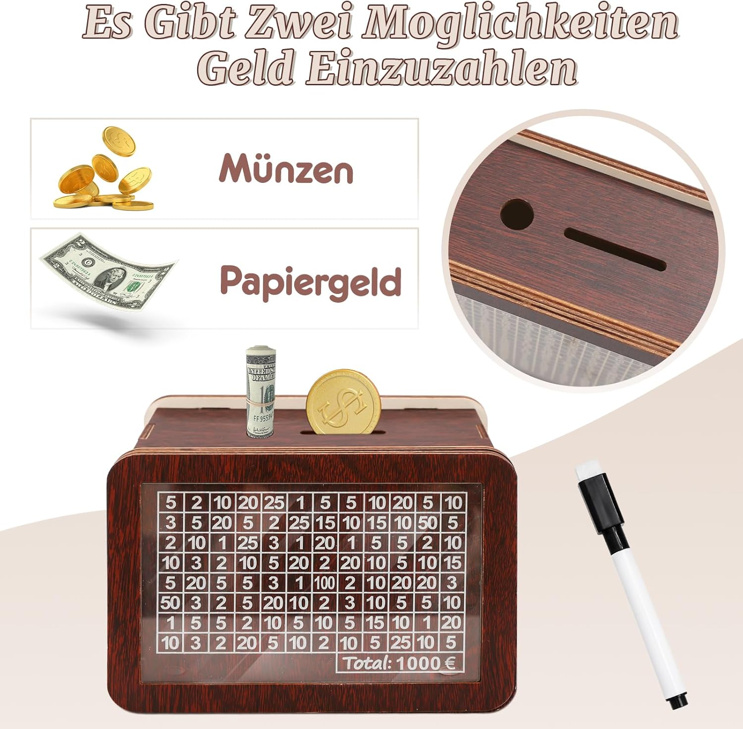 LÜNIC Sparbox aus Holz mit Zahlen zum Ankreuzen mit Sparziel 1000€, 2000 € und 3000 €