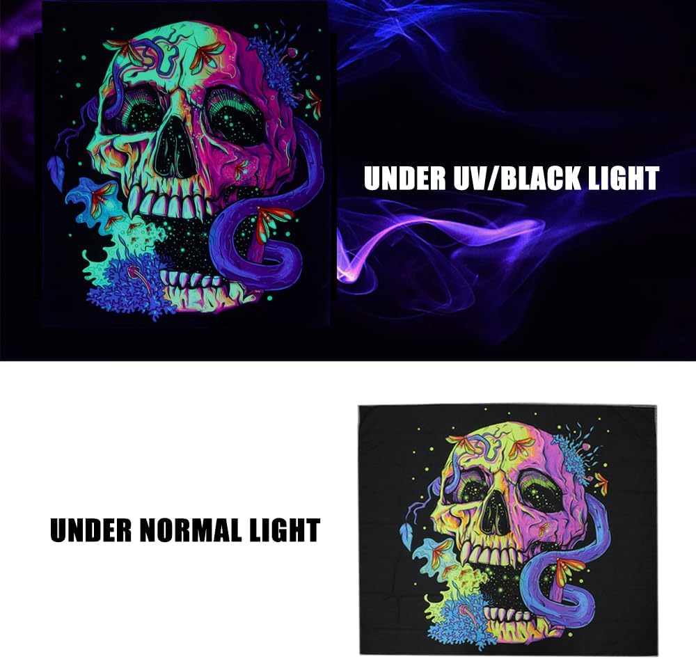 Wandteppich Schädel Totenkopf – UV Reaktive Wandtuch Schwarzlicht leuchtender Wanddekoration