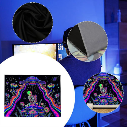 Wandteppich Skelett Raumschiff – UV Reaktive Wandtuch Schwarzlicht leuchtender Wanddekoration