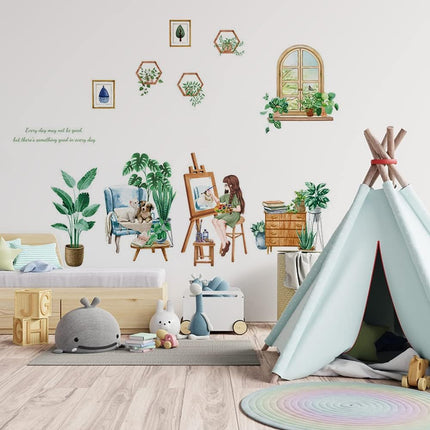 Wandtattoo Wandaufkleber Fensteraufkleber Pflanzen Fensterbrett mit Mädchen-Motiv