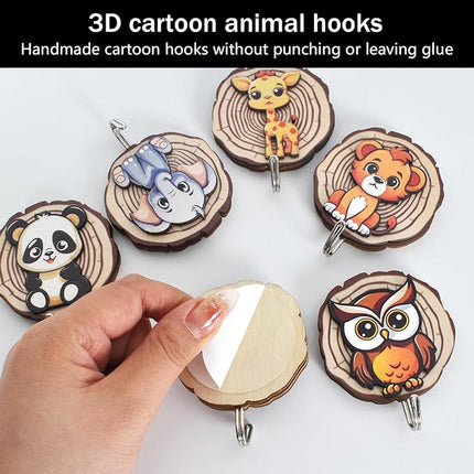 6 Stück Klebehaken aus Holz Kinder 3D-Tiermotiven