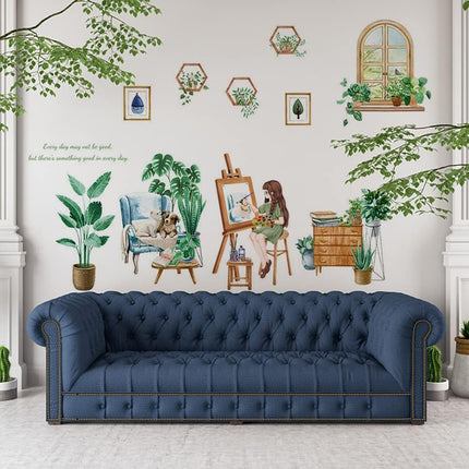 Wandtattoo Wandaufkleber Fensteraufkleber Pflanzen Fensterbrett mit Mädchen-Motiv