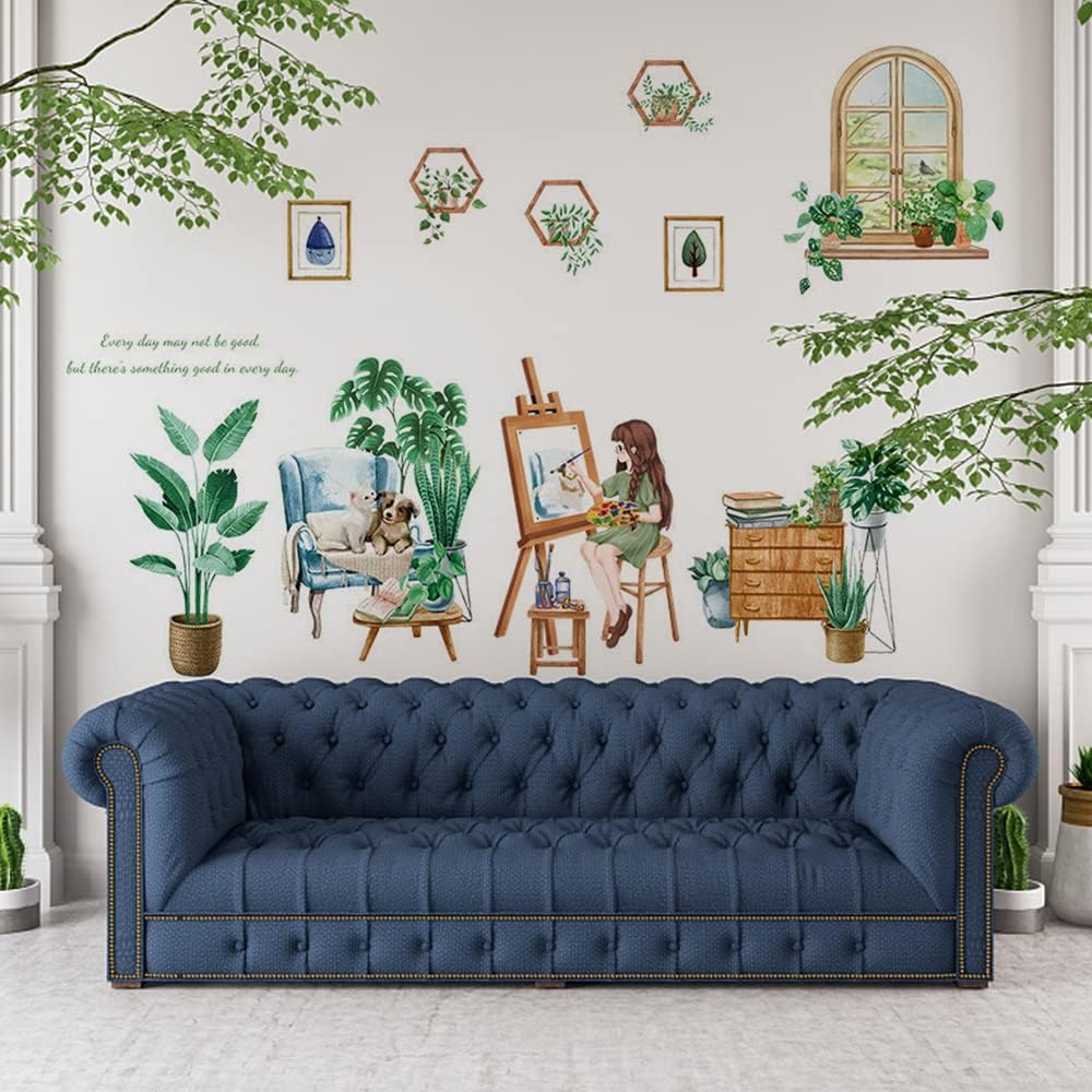 Wandtattoo Wandaufkleber Fensteraufkleber Pflanzen Fensterbrett mit Mädchen-Motiv