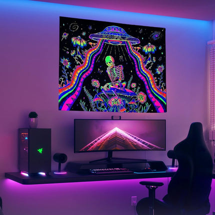 Wandteppich Skelett Raumschiff – UV Reaktive Wandtuch Schwarzlicht leuchtender Wanddekoration