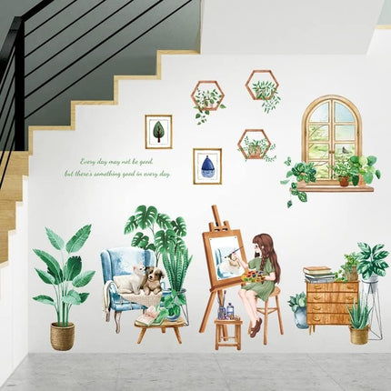 Wandtattoo Wandaufkleber Fensteraufkleber Pflanzen Fensterbrett mit Mädchen-Motiv