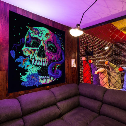 Wandteppich Schädel Totenkopf – UV Reaktive Wandtuch Schwarzlicht leuchtender Wanddekoration