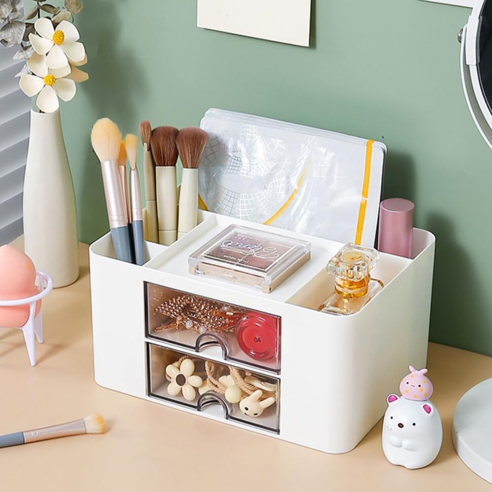 LÜNIC Organizer Schreibtisch Stifte Make Up mit 5 Fächer und 2 Schubladen weiß