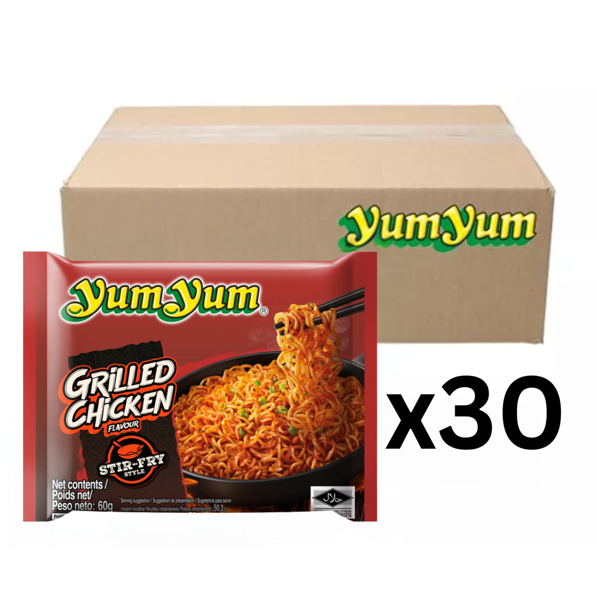 YumYum Instantnudeln Stir-Fried Grilled Chicken 60g (30er-Pack)