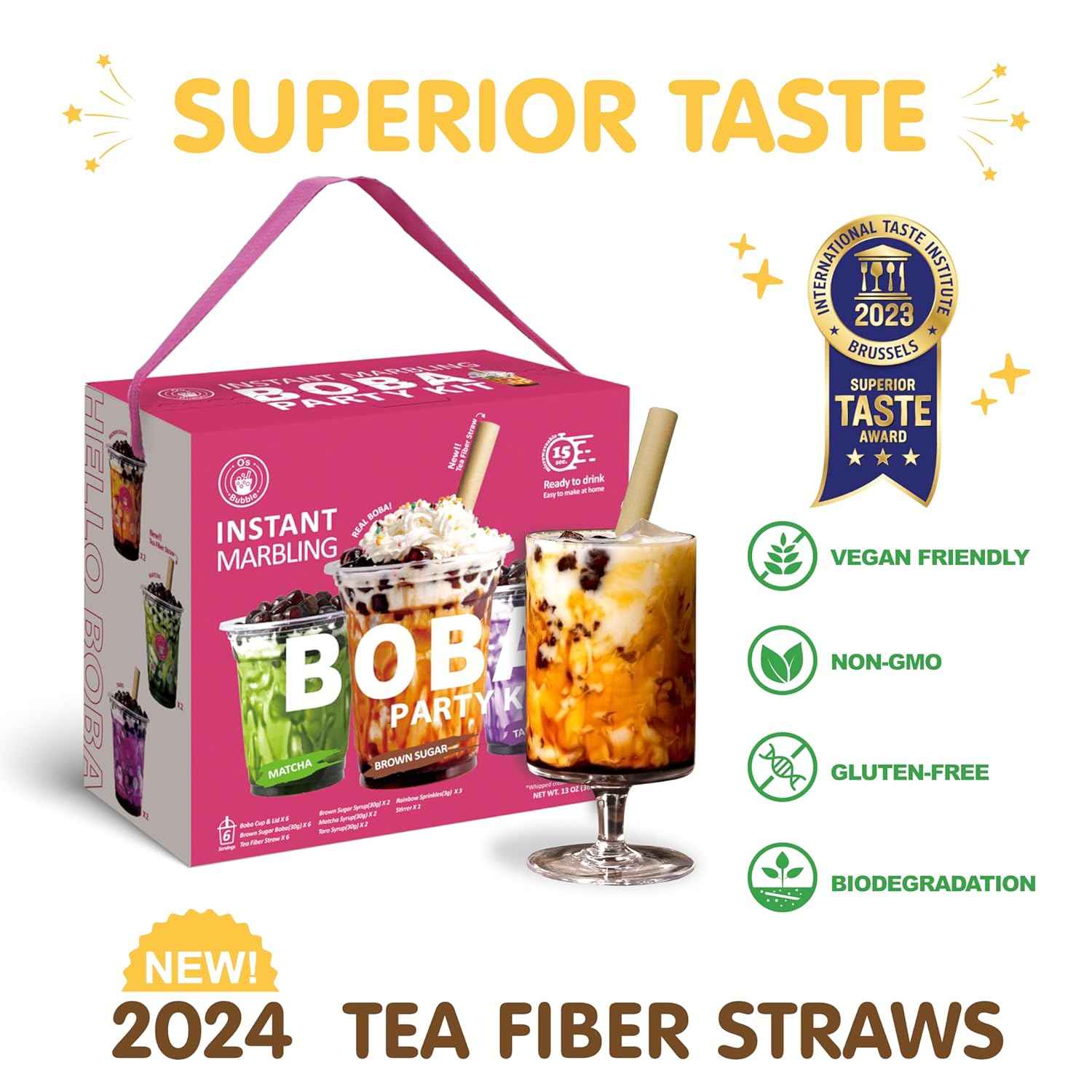 O's Bubble Instant Boba Bubble Tea Party Kit (6 Portionen) 360 g |Taro, Matcha, brauner Zucker
