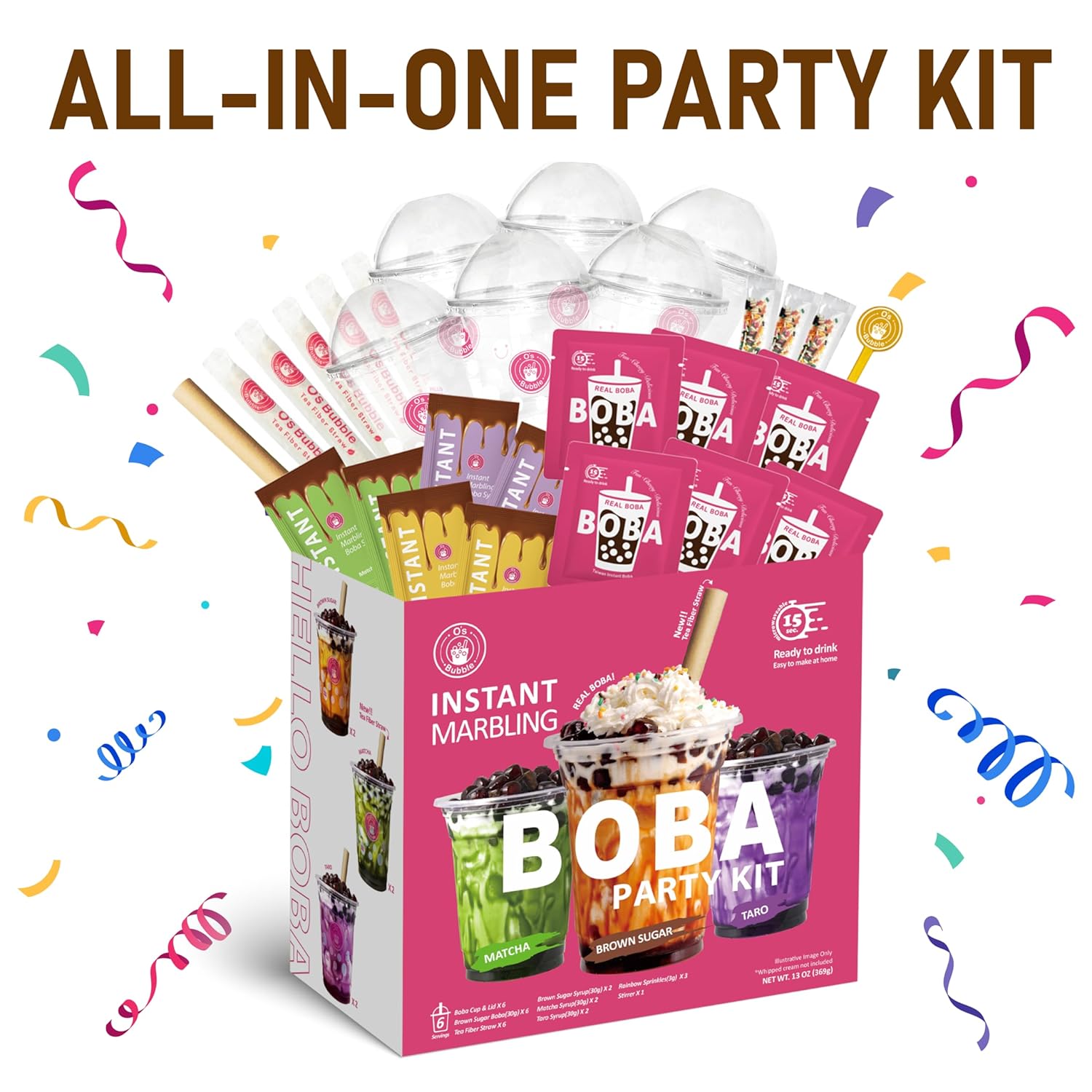O's Bubble Instant Boba Bubble Tea Party Kit (6 Portionen) 360 g |Taro, Matcha, brauner Zucker