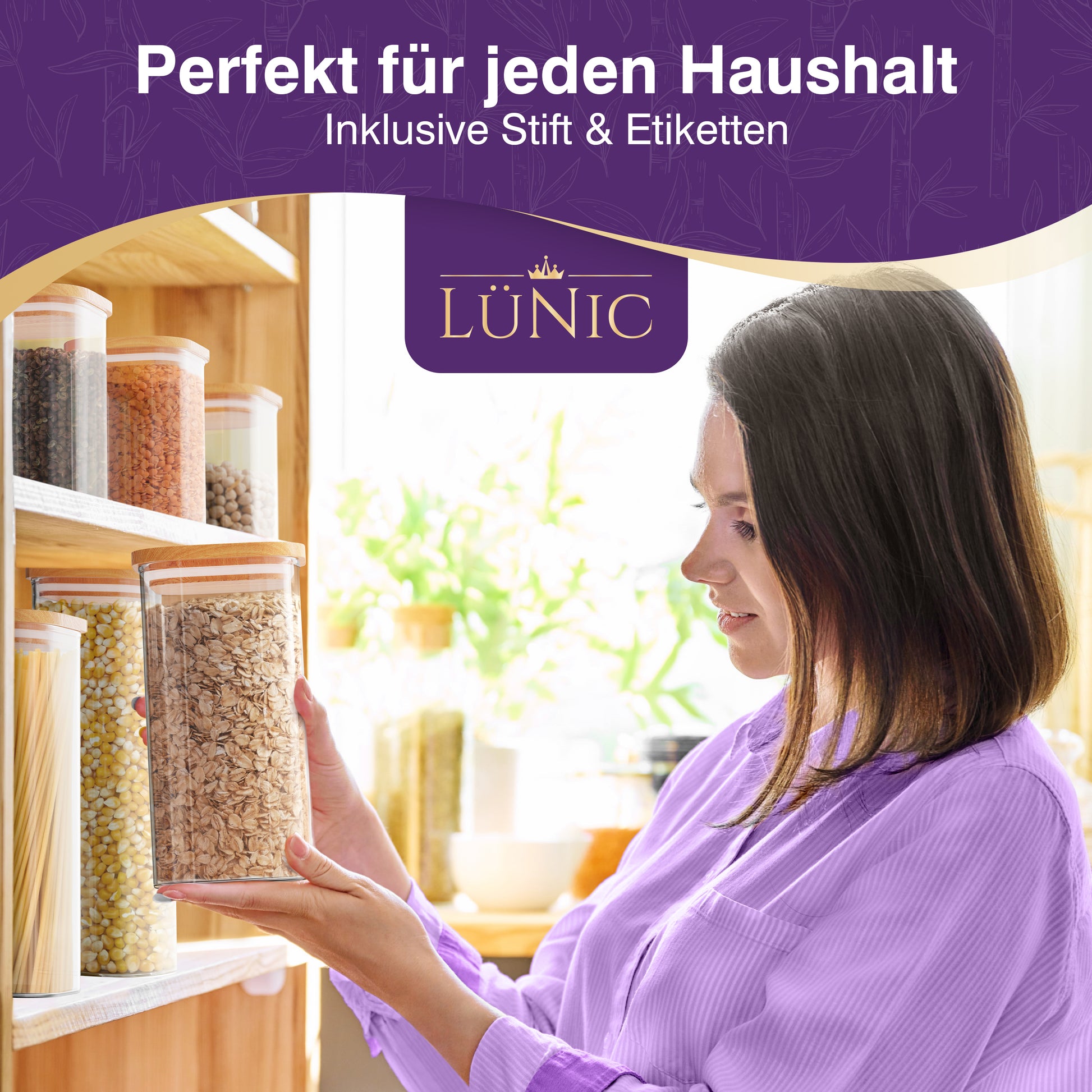 LÜNIC Vorratsgläser Vorratsdosen mit Bambusdeckel – eckig stapelbar