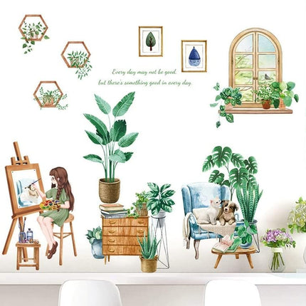 Wandtattoo Wandaufkleber Fensteraufkleber Pflanzen Fensterbrett mit Mädchen-Motiv