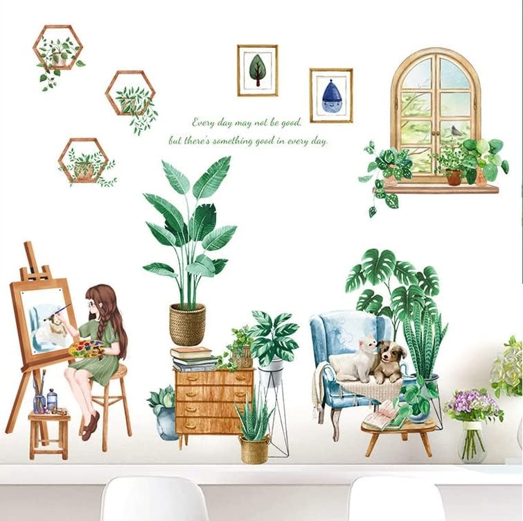 Wandtattoo Wandaufkleber Fensteraufkleber Pflanzen Fensterbrett mit Mädchen-Motiv