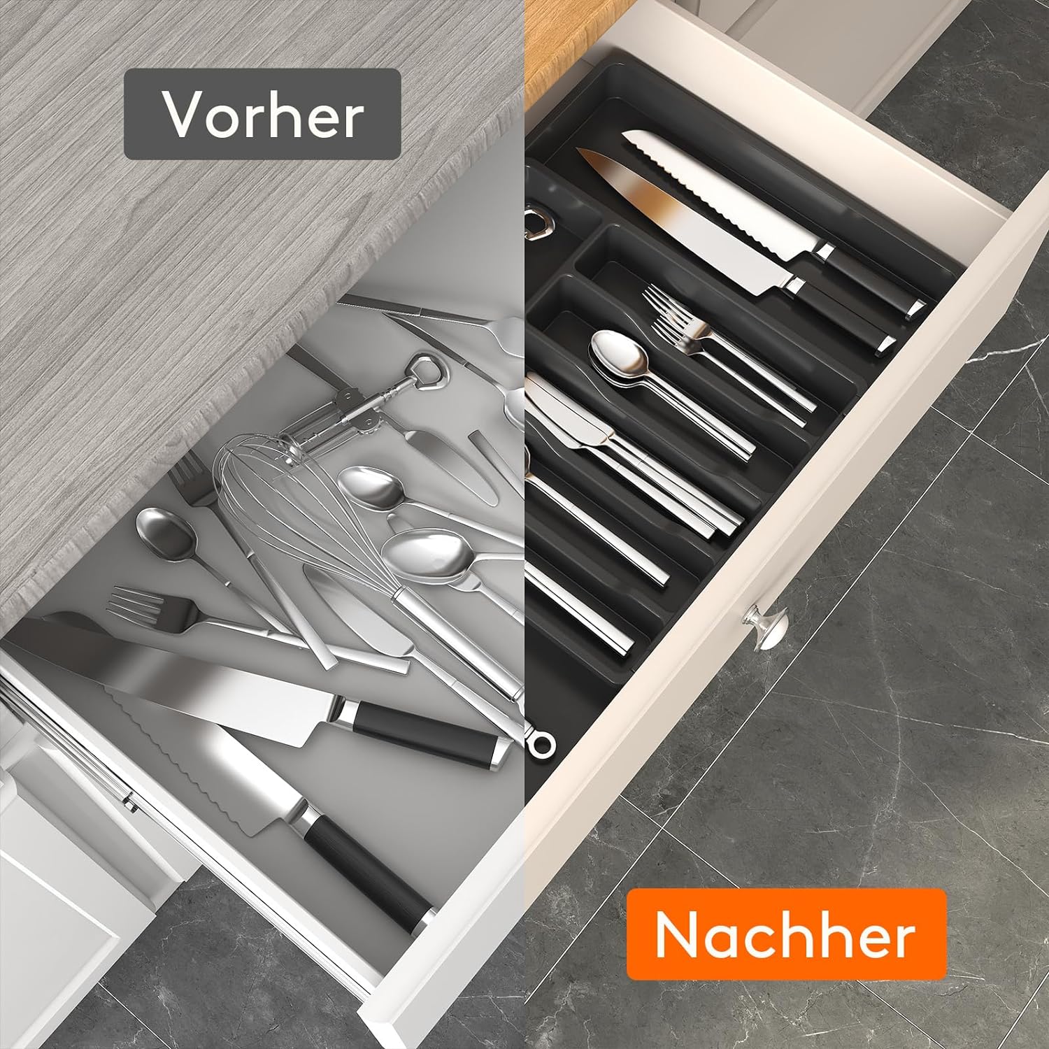 LÜNIC Besteckkasten Besteckeinsatz Schubladen aus Kunststoff, verstellbar, schwarz