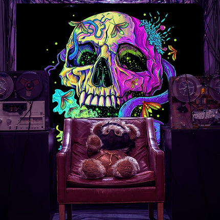Wandteppich Schädel Totenkopf – UV Reaktive Wandtuch Schwarzlicht leuchtender Wanddekoration