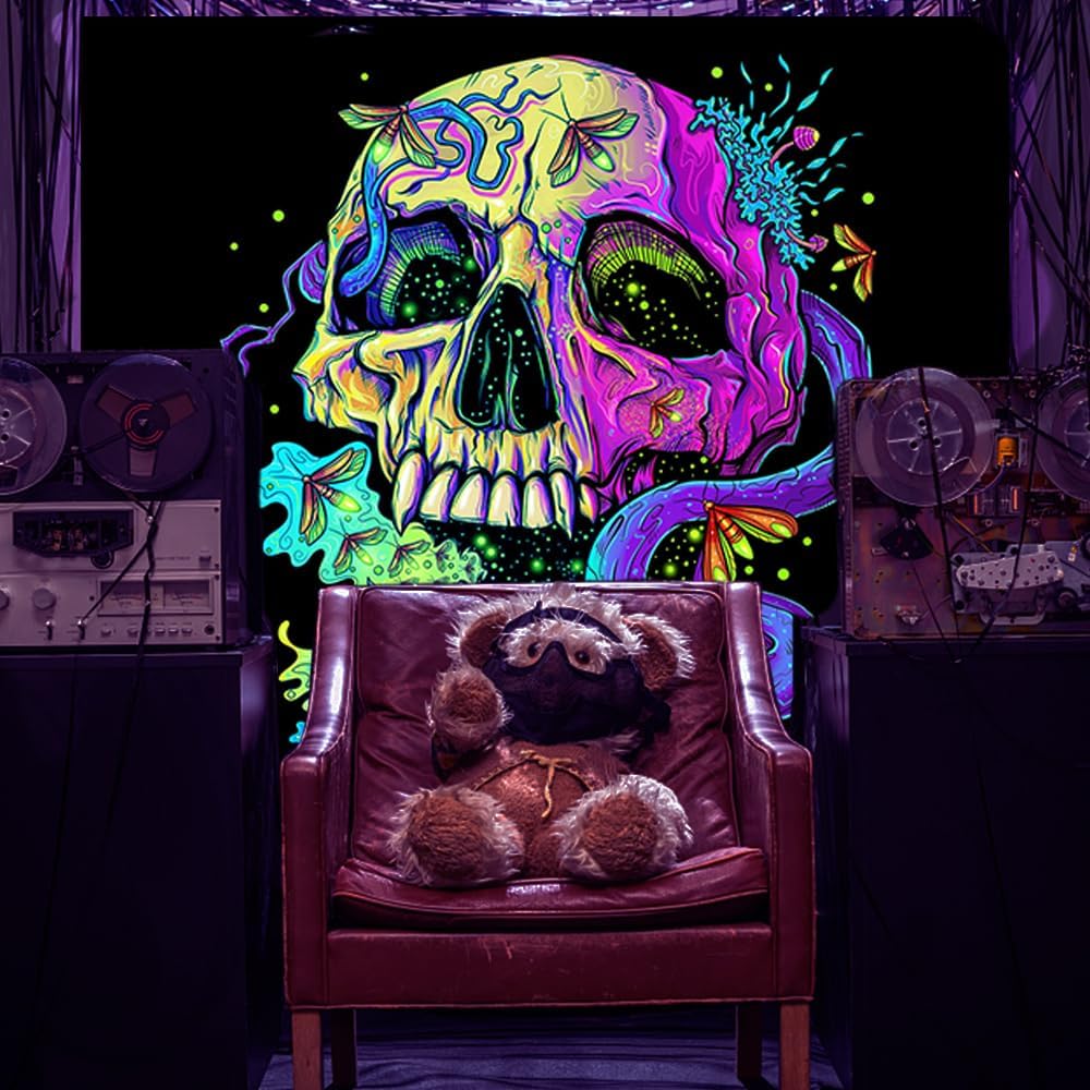 Wandteppich Schädel Totenkopf – UV Reaktive Wandtuch Schwarzlicht leuchtender Wanddekoration
