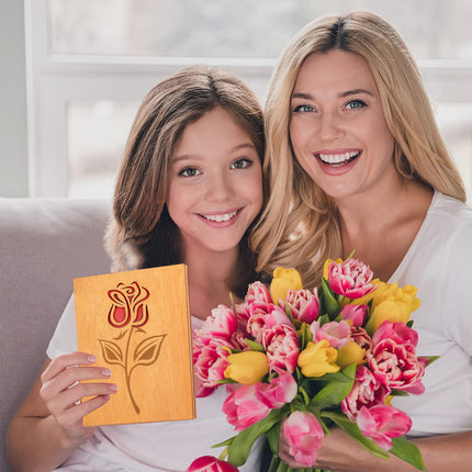 3D Grußkarte aus Holz mit Umschlag Rose - Glückwunschkarte Geschenkkarte