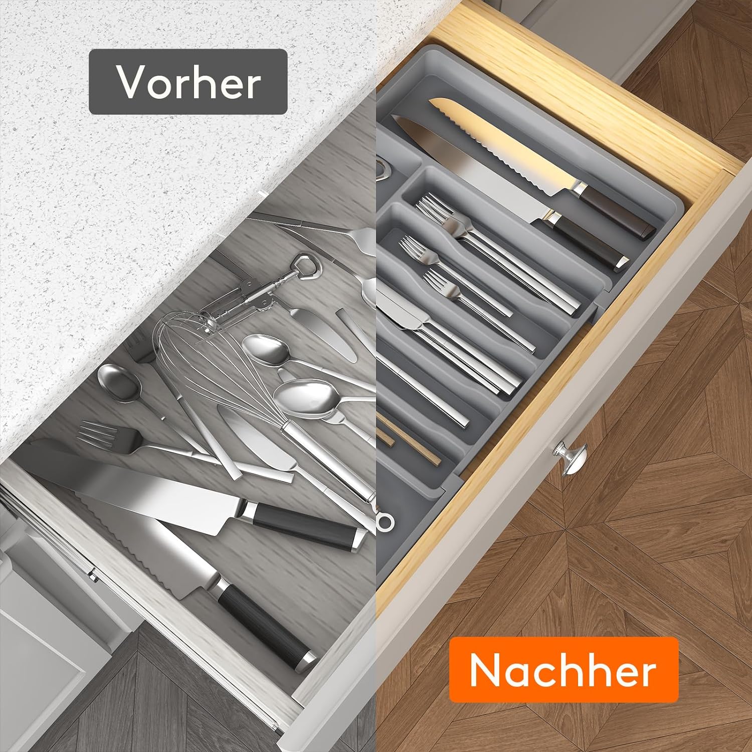 LÜNIC Besteckkasten Besteckeinsatz Schubladen aus Kunststoff, verstellbar, grau