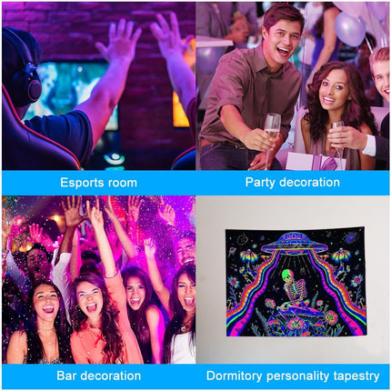 Wandteppich Skelett Raumschiff – UV Reaktive Wandtuch Schwarzlicht leuchtender Wanddekoration