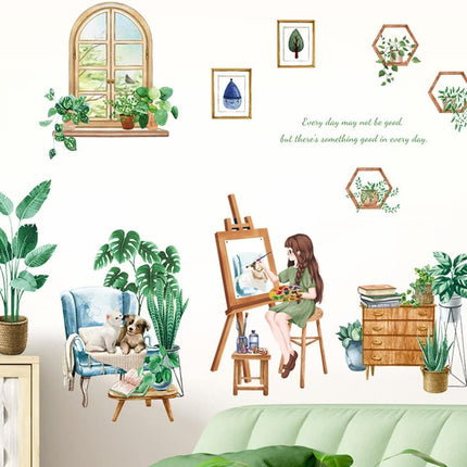 Wandtattoo Wandaufkleber Fensteraufkleber Pflanzen Fensterbrett mit Mädchen-Motiv