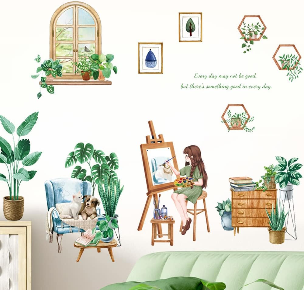 Wandtattoo Wandaufkleber Fensteraufkleber Pflanzen Fensterbrett mit Mädchen-Motiv