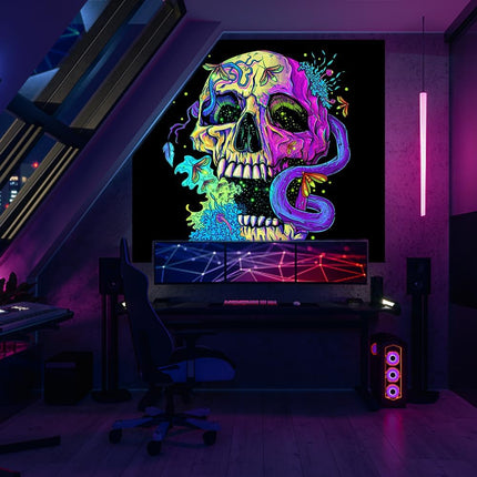 Wandteppich Schädel Totenkopf – UV Reaktive Wandtuch Schwarzlicht leuchtender Wanddekoration