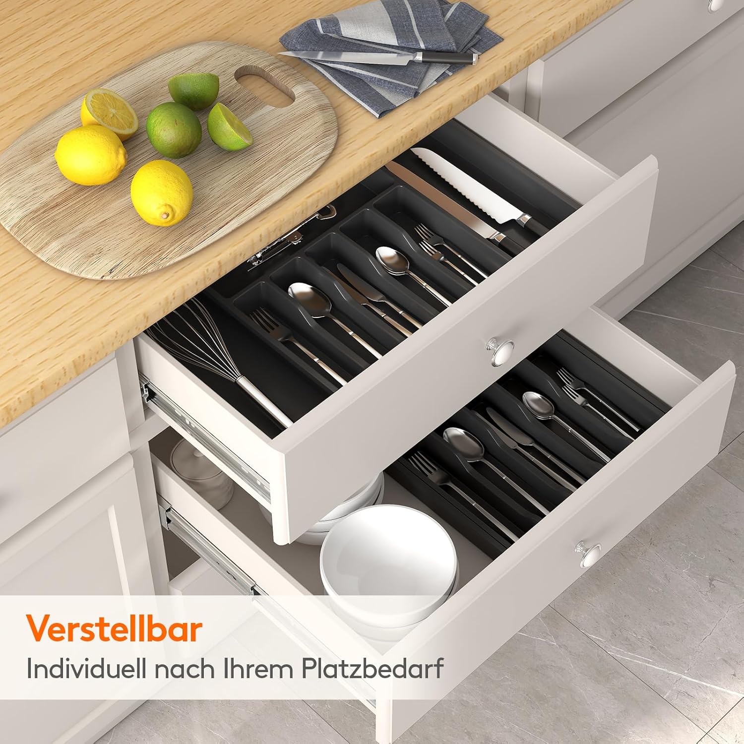 LÜNIC Besteckkasten Besteckeinsatz Schubladen aus Kunststoff, verstellbar, schwarz